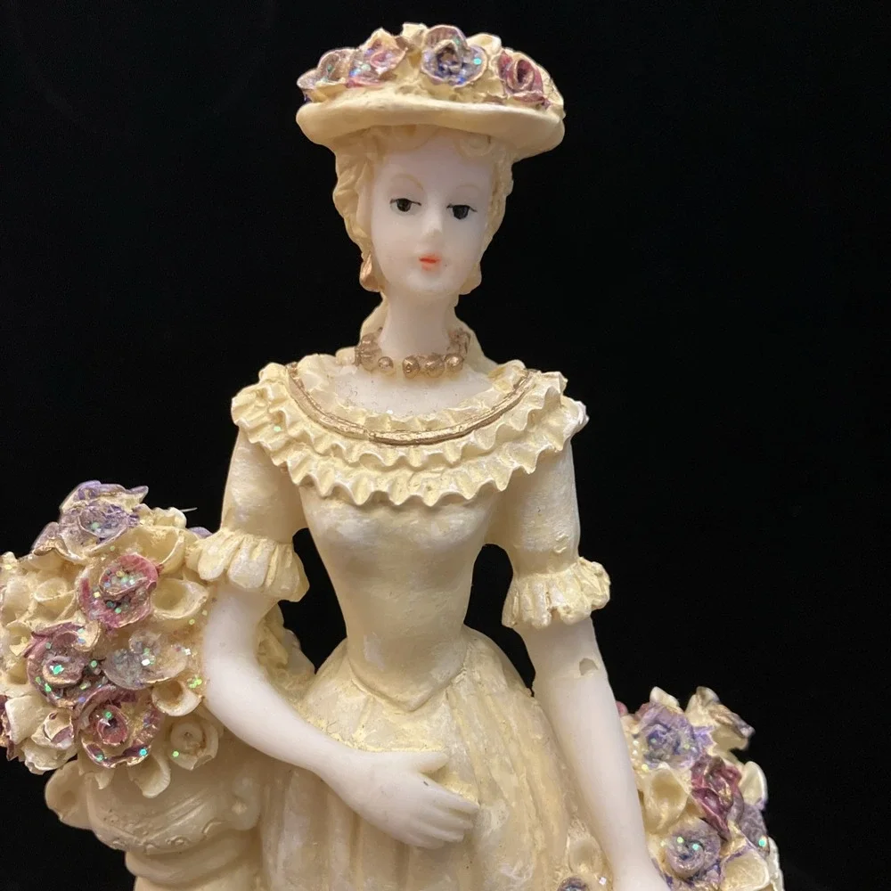 Vintage Victorian Woman w/ Basket of Shimmery Flowers Colonial Lady Figurine